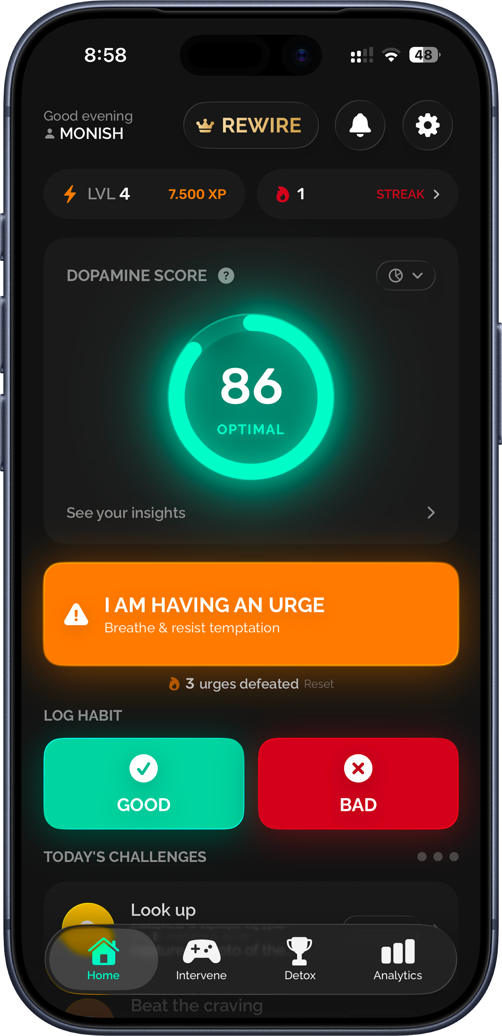 Rewire dopamine detox app screenshot showing daily habit tracking dashboard